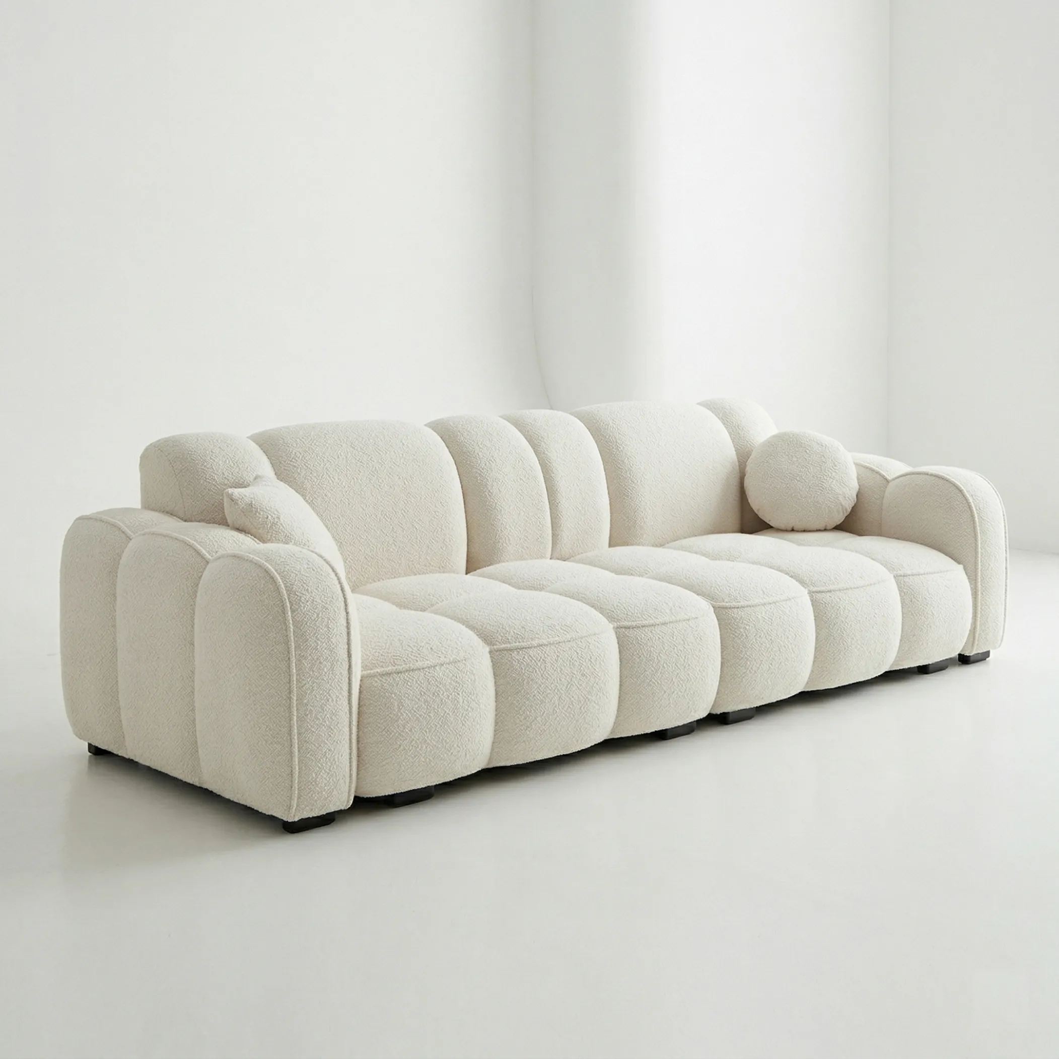 Aroha House Ecru Channel Tufted 3 Seater Luxury Sofa — Milan-Inspired Bouclé Seating, Made in India