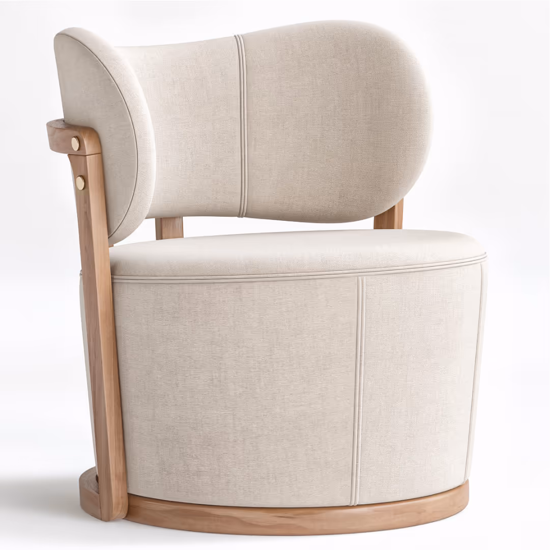 Aroha House Sienna Curved Barrel Chair — Bouclé & Wood Accent Seating for Luxury Homes & Boutique Hotels