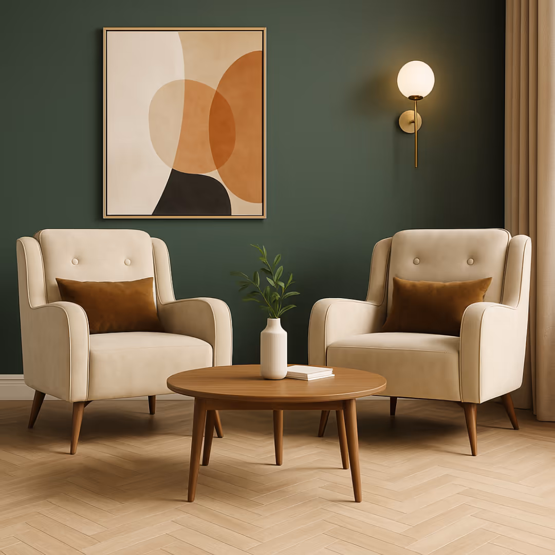 Aroha House Oslo Plush Wing Chair — Nordic Beige Upholstery + Warm Wood Legs