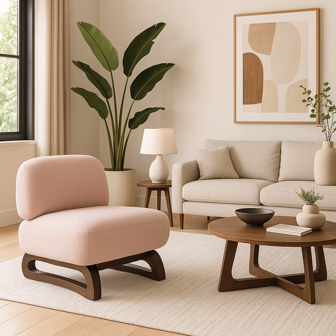 Aroha House Kyoto Low Lounge Chair — Soft Curved Seat with Sculpted Wood Base for Modern Homes & Boutique Spaces